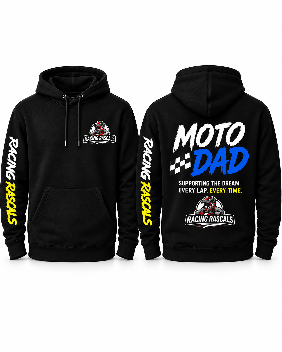 Black Moto Dad hoodie with yellow Racing Rascals design