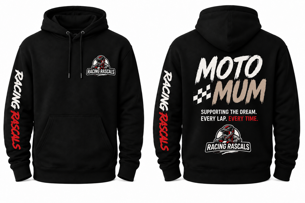Black Moto Mum hoodie with coral Racing Rascals design