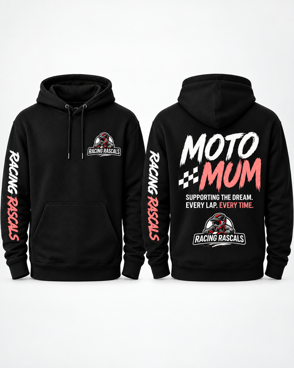 Black Moto Mum hoodie with purple Racing Rascals design