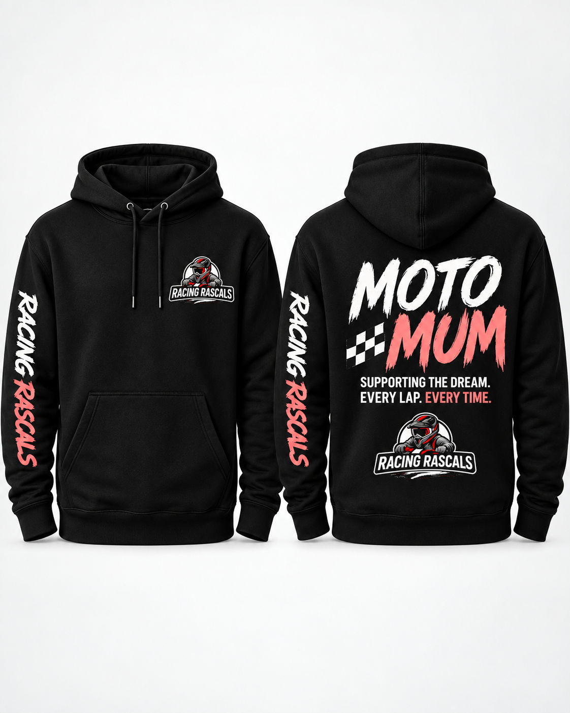 Black Moto Mum hoodie with purple Racing Rascals design