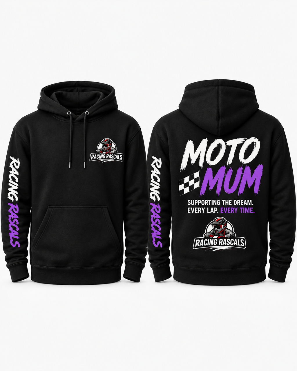 Black Moto Mum hoodie with beige and red Racing Rascals design