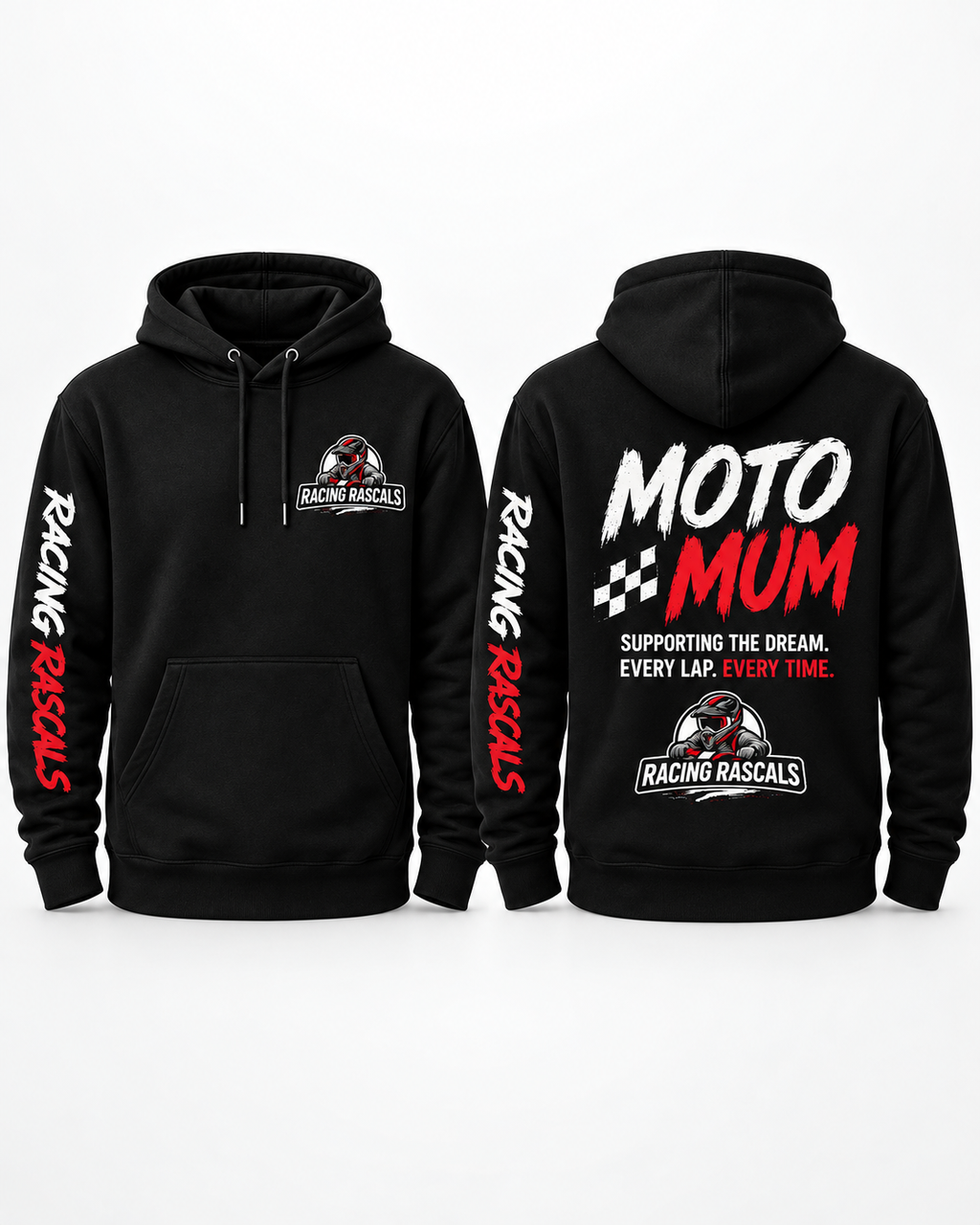Black Moto Mum hoodie with turquoise Racing Rascals design