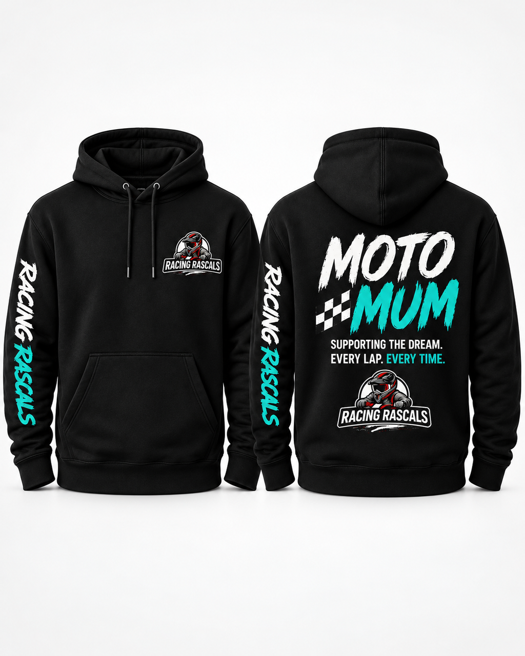 Black Moto Mum hoodie with red Racing Rascals design