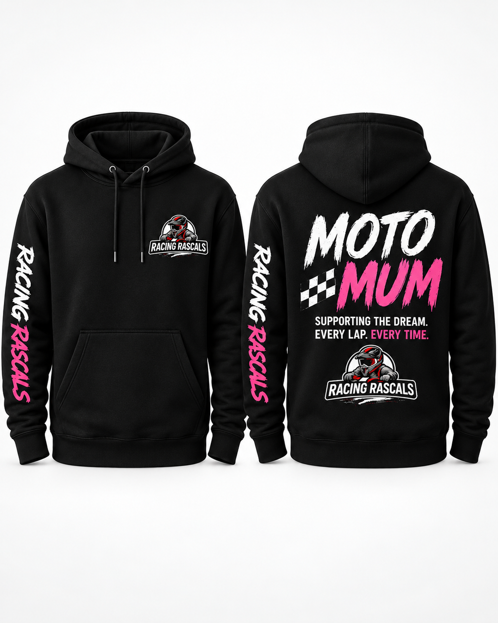 Black Moto Mum hoodie with pink Racing Rascals design