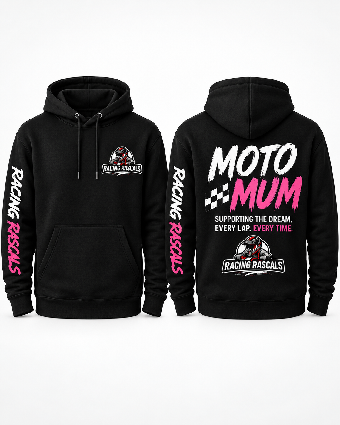 Black Moto Mum hoodie with pink Racing Rascals design