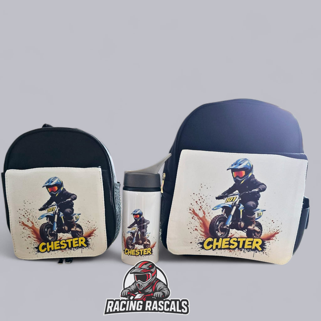 Custom Kids Racing Essentials Bundle – Backpack, Lunch Bag & Water Bottle