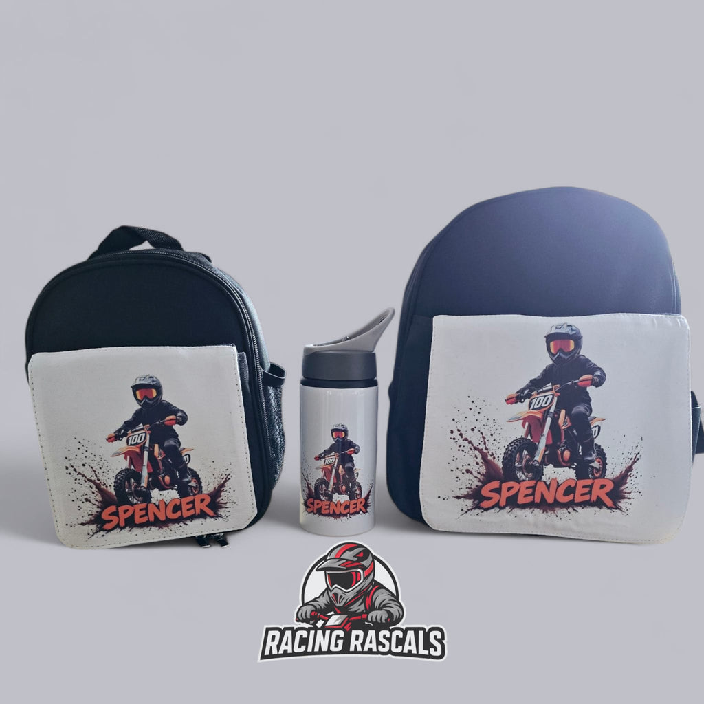 Custom Kids Racing Essentials Bundle – Backpack, Lunch Bag & Water Bottle