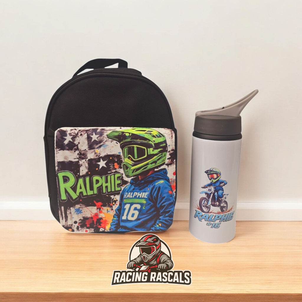 Custom Kids Racing Essentials Bundle – Backpack, Lunch Bag & Water Bottle