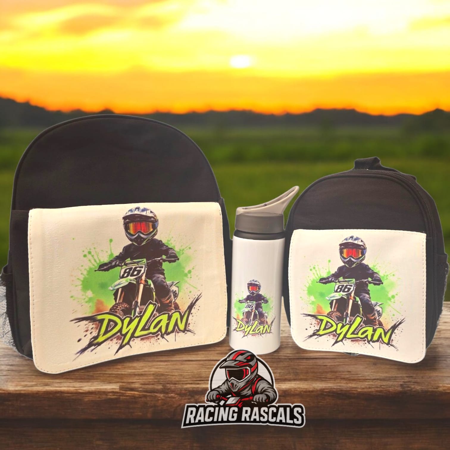 Custom Kids Racing Essentials Bundle – Backpack, Lunch Bag & Water Bottle