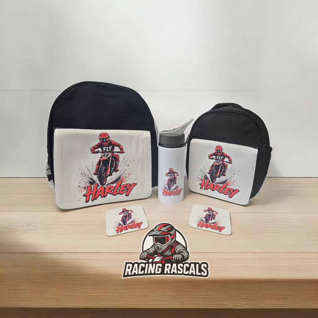 Custom Kids Racing Essentials Bundle – Backpack, Lunch Bag & Water Bottle