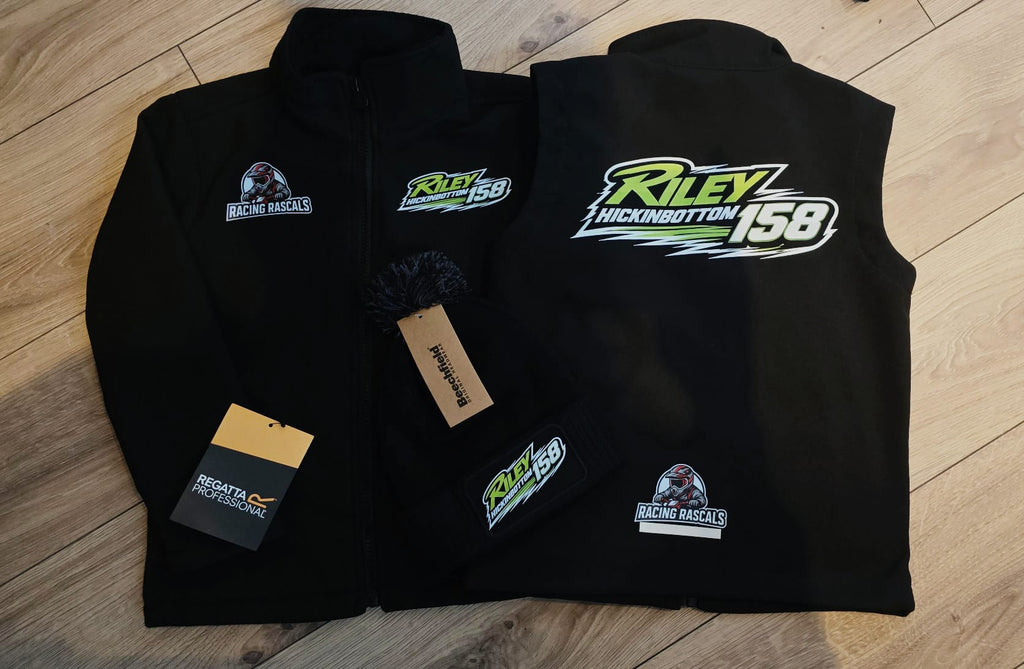 Personalised Kids Racing Clothing Bundle – Custom Jacket, Gilet & Hat