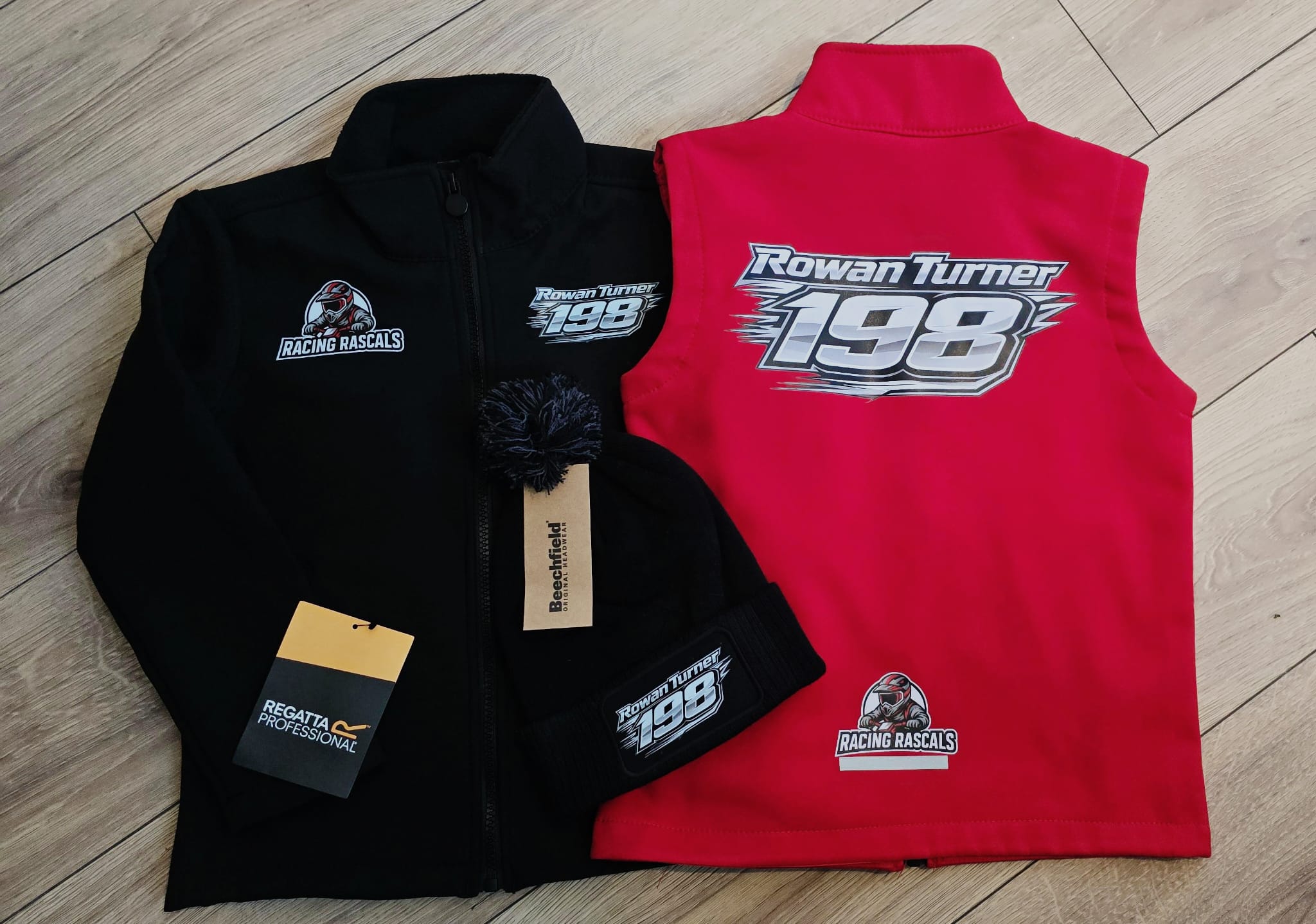 Personalised Kids Racing Clothing Bundle – Custom Jacket, Gilet & Hat