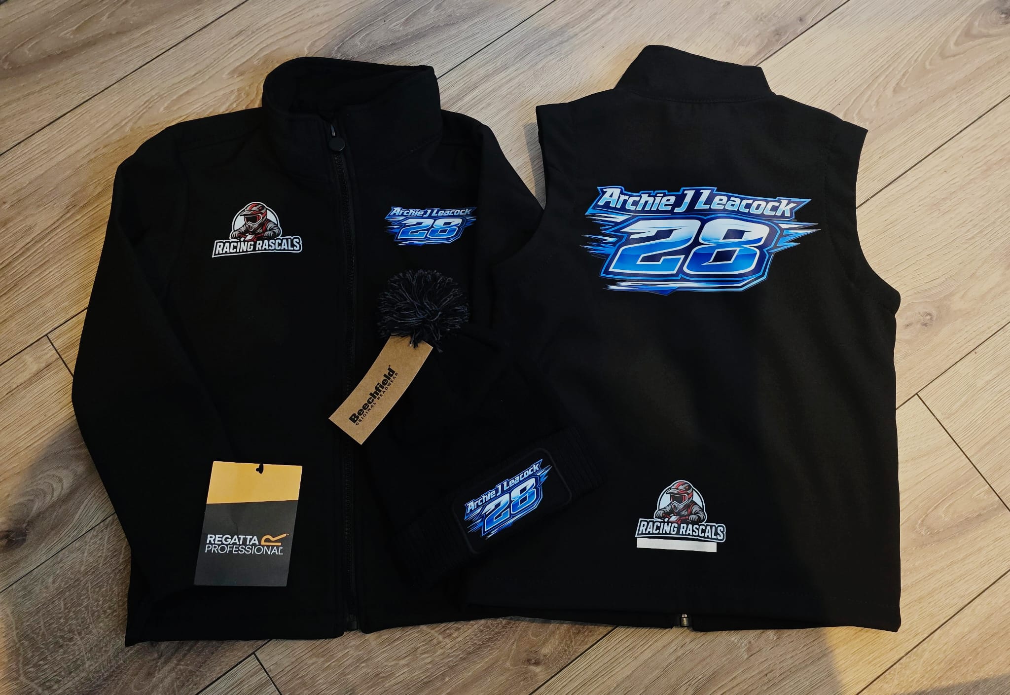 Personalised Kids Racing Clothing Bundle – Custom Jacket, Gilet & Hat