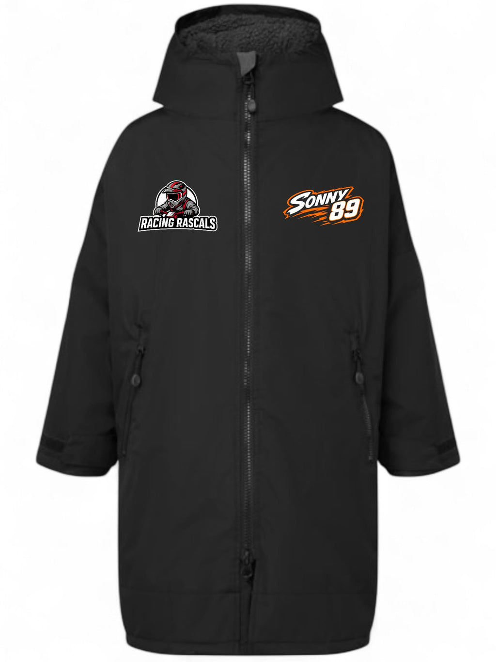 Personalised Kids Waterproof Changing Robe – Custom Racing Design.