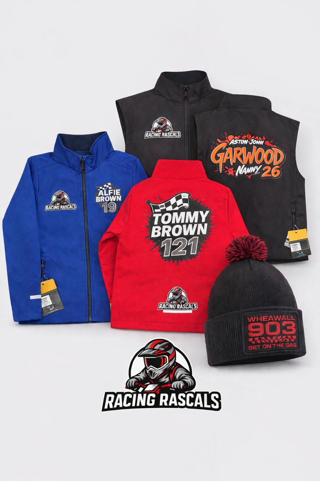 Personalised Kids Racing Clothing Bundle – Custom Jacket, Gilet & Hat